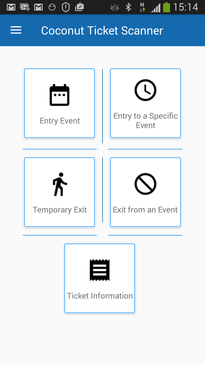 5 actions for scanning tickets shown on the app home page screenshot